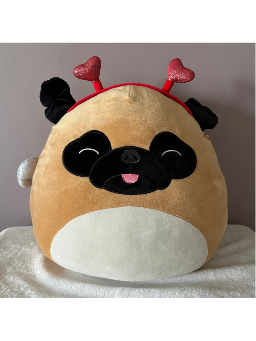 Squishmallows Brown Pug Plush 13” Red Heart Antennae Valentine Wings